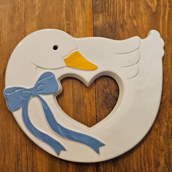 DECOR WALTHER Other - Vintage Ceramic Goose Wall Hanging Blue Ribbon Heart Cutout Cottagecore Decor